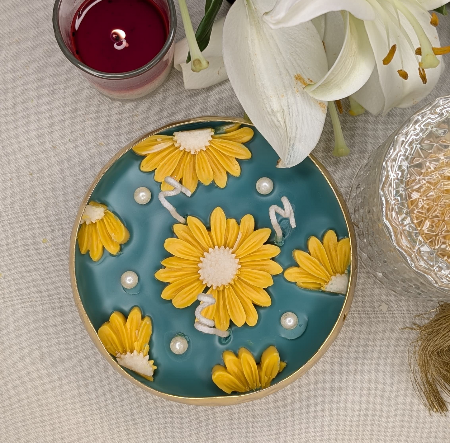 Sunflower Metal Urli Candle